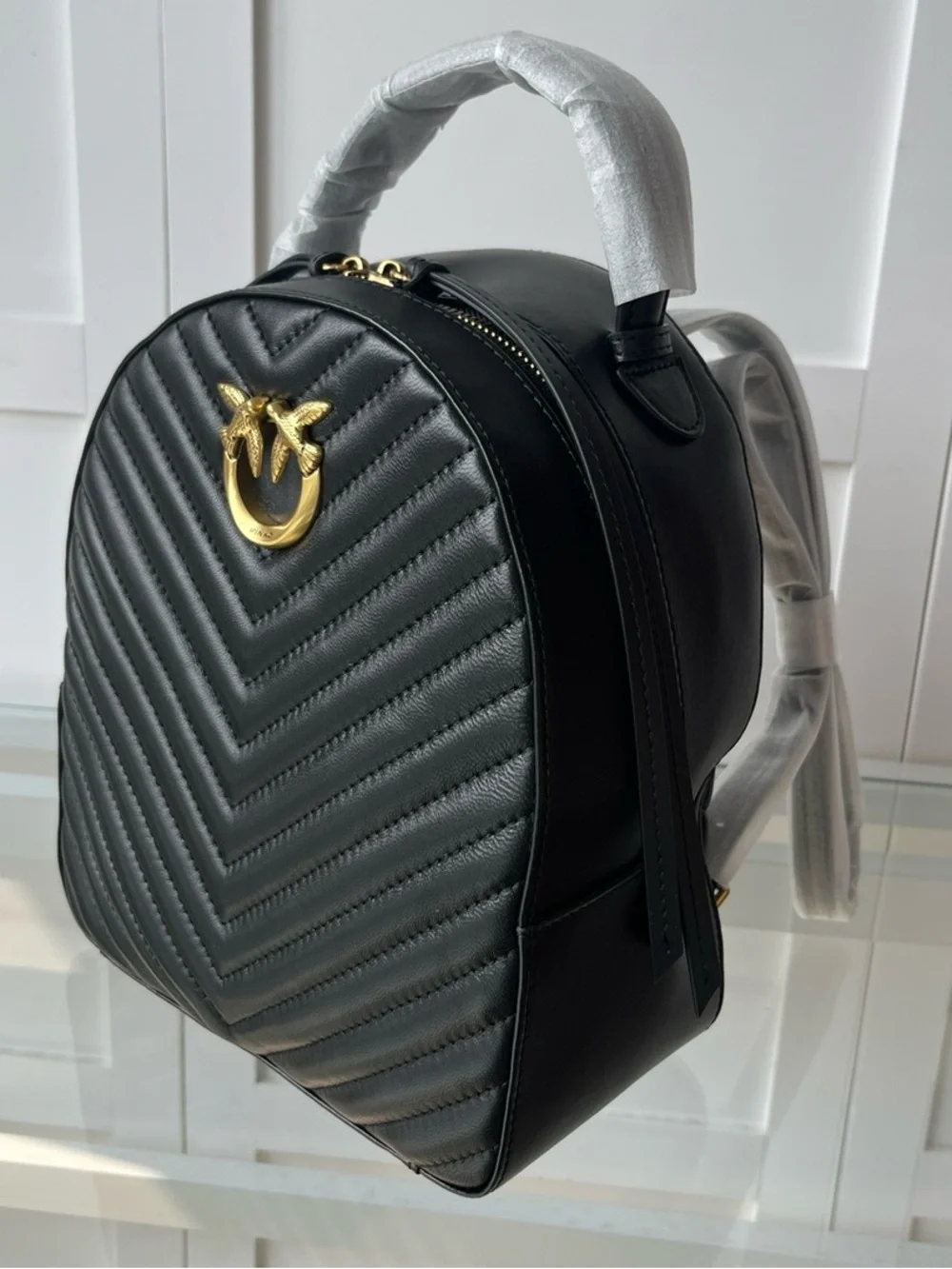 Pinko Black Quilted Backpack with Gold Bird Ring